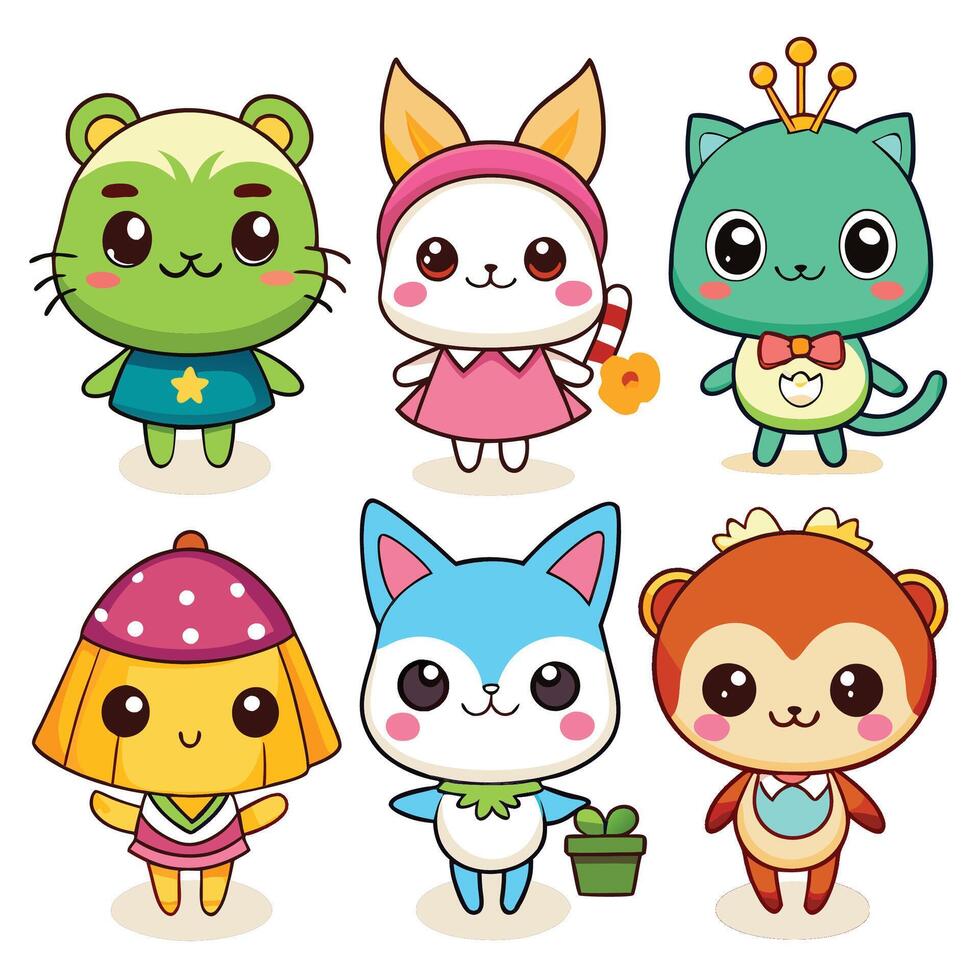 Adorable cartoon animals collection frog, bunny, cat, mushroom, fox, monkey. vector