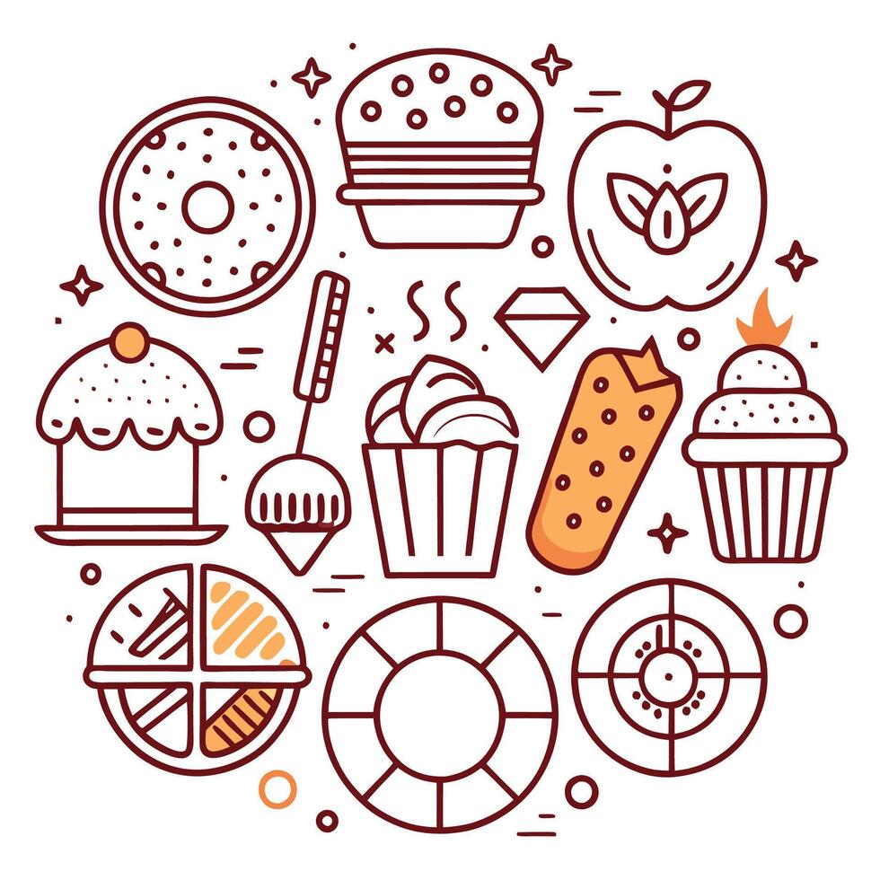 Delicious assorted bakery and fruit icons in a circle. vector