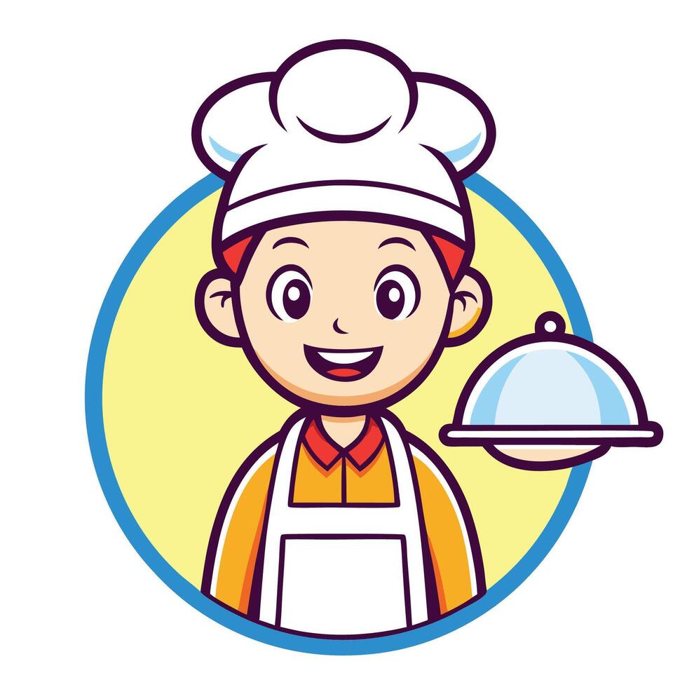 Happy cartoon chef in a round frame holding a cloche. vector