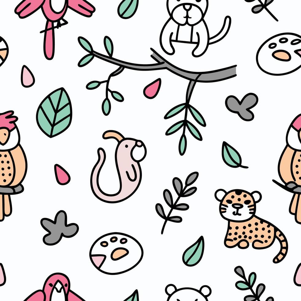 Cute animal seamless pattern with birds, tiger, and monkey on branches. vector