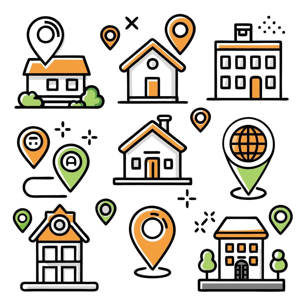 Collection of location pin icons with houses and buildings. vector