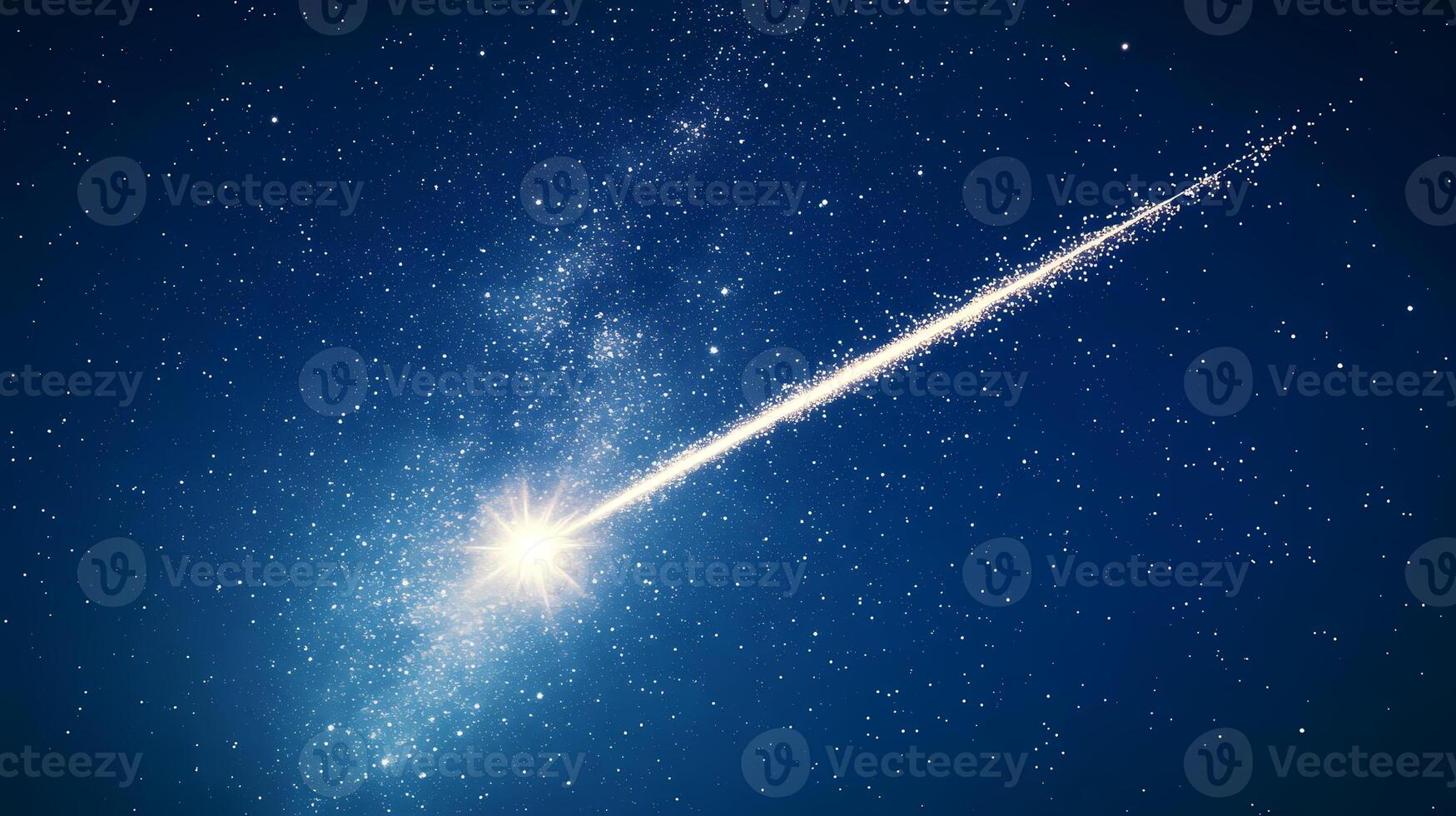 Bright comet flying through starry night sky with milky way galaxy photo