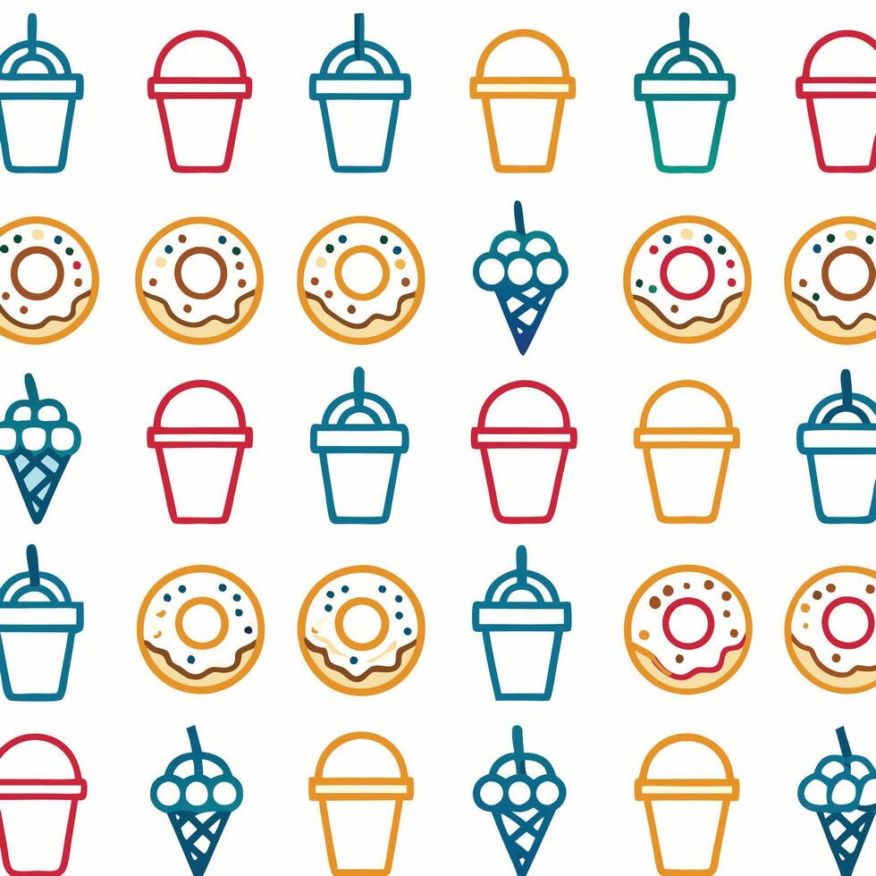 Colorful pattern of donuts, ice cream cones, and buckets on white background. vector