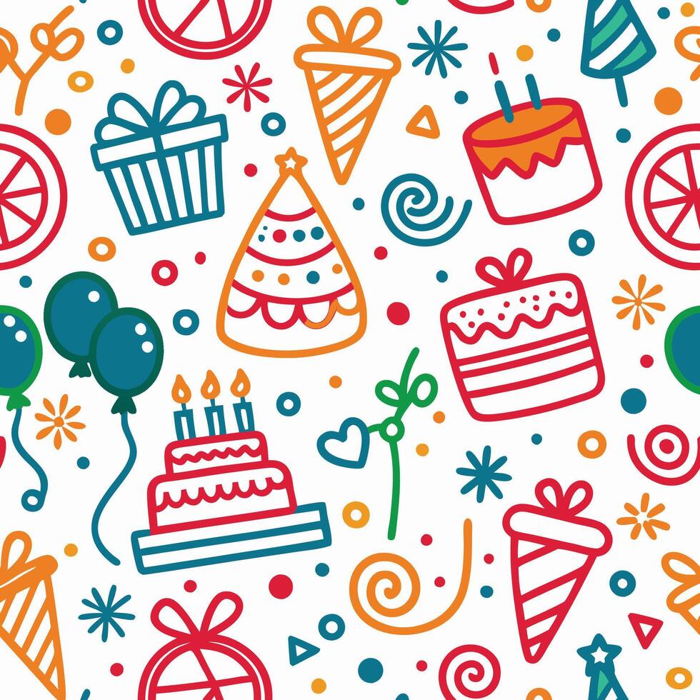 Colorful doodle birthday party seamless pattern. vector