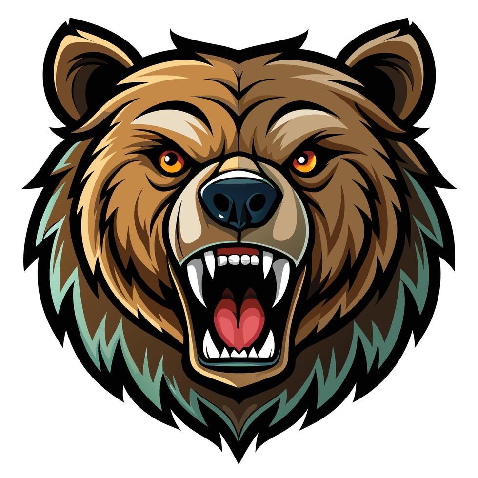 Angry bear head illustration with sharp teeth and intense eyes. vector