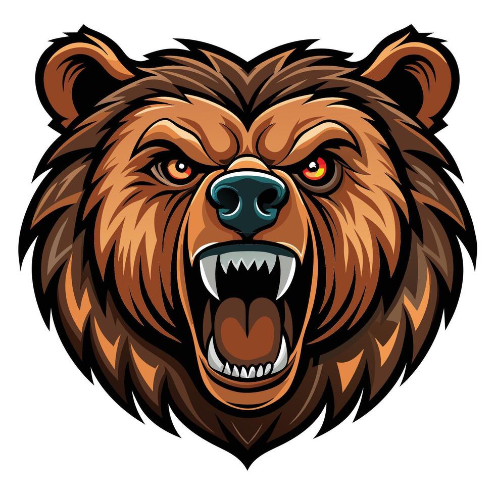 Angry grizzly bear head illustration, roaring with sharp teeth, intense eyes. vector