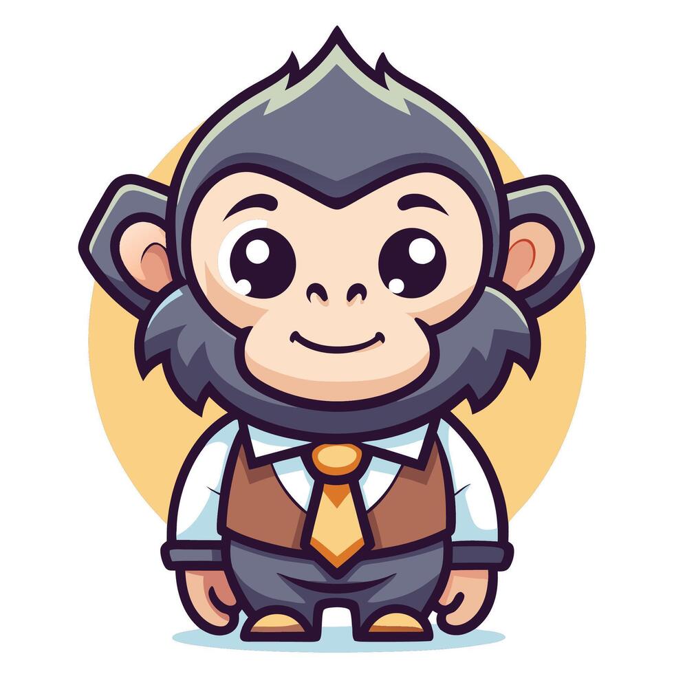 Cute cartoon chimpanzee in business attire, smiling cheerfully against a yellow circle. vector
