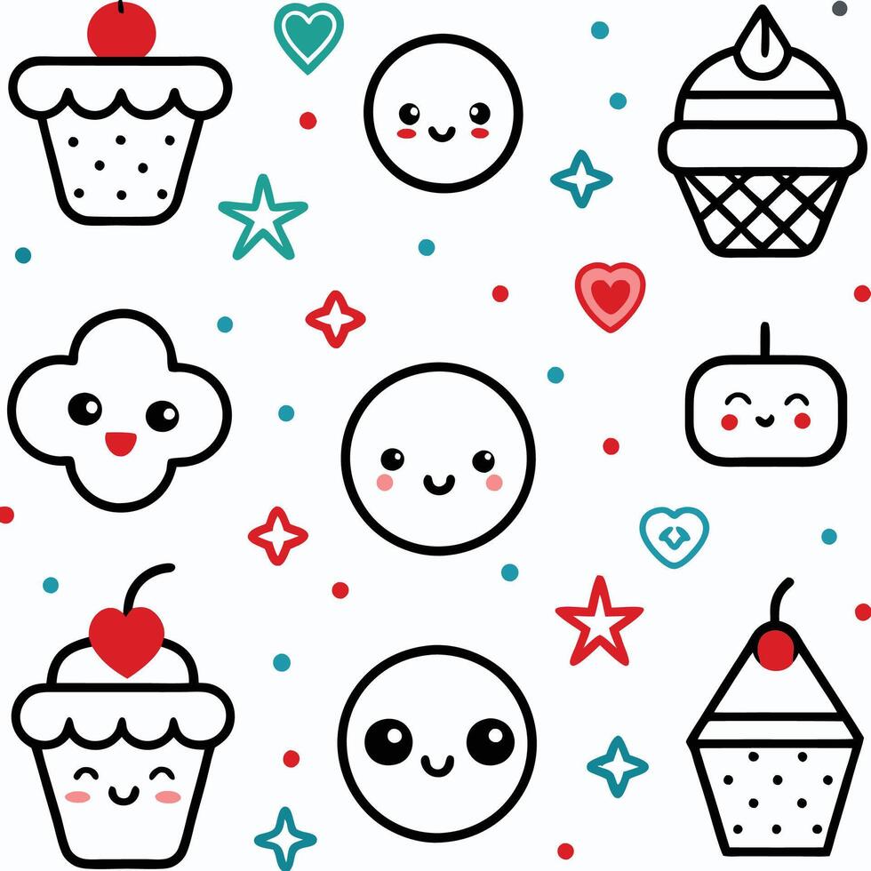 Cute kawaii dessert and face pattern. vector