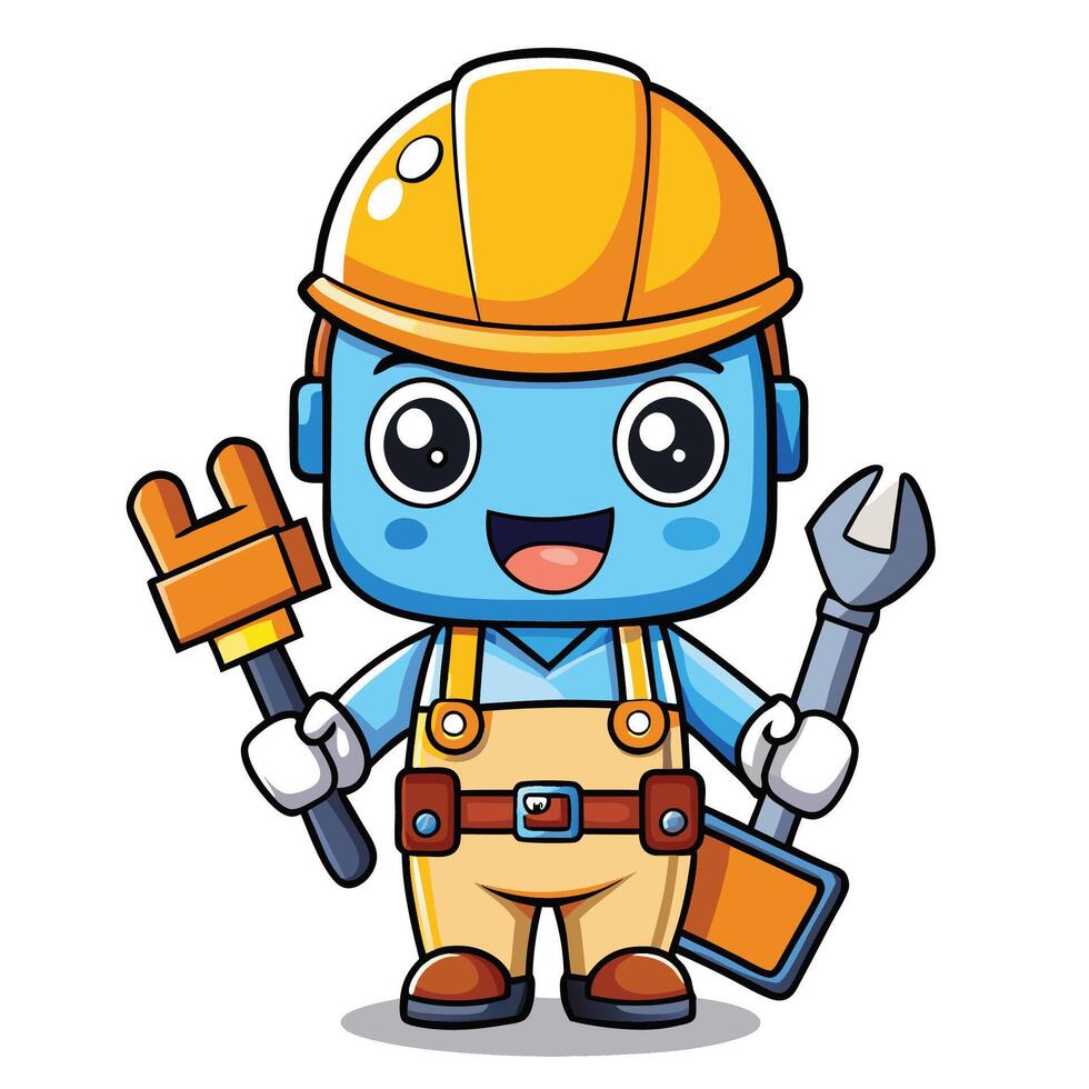 Happy blue construction worker robot cartoon character holding wrench and pipe wrench. vector