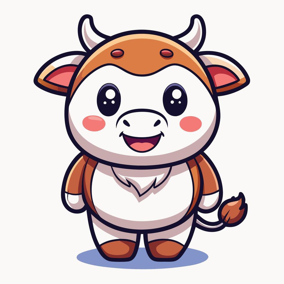 Cute cartoon cow illustration with big eyes and happy expression. vector
