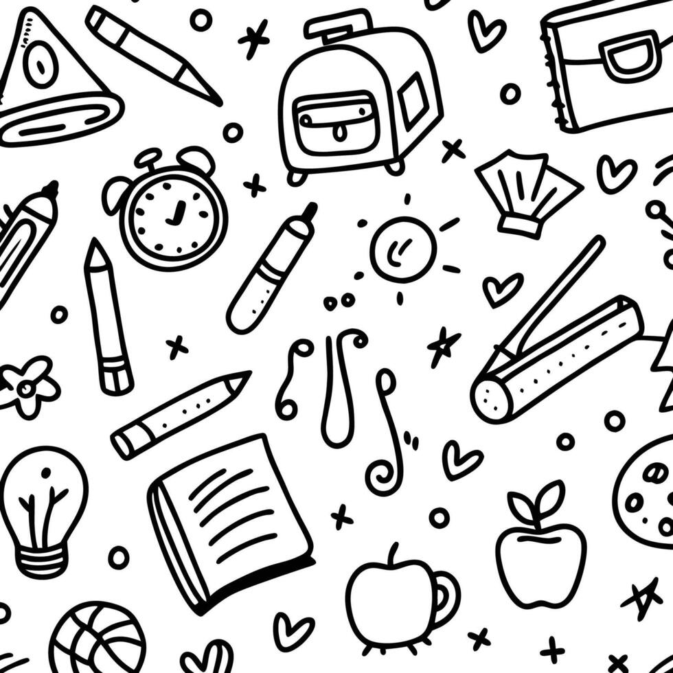 Back to school doodle pattern with stationery, alarm clock, apples, and book. vector