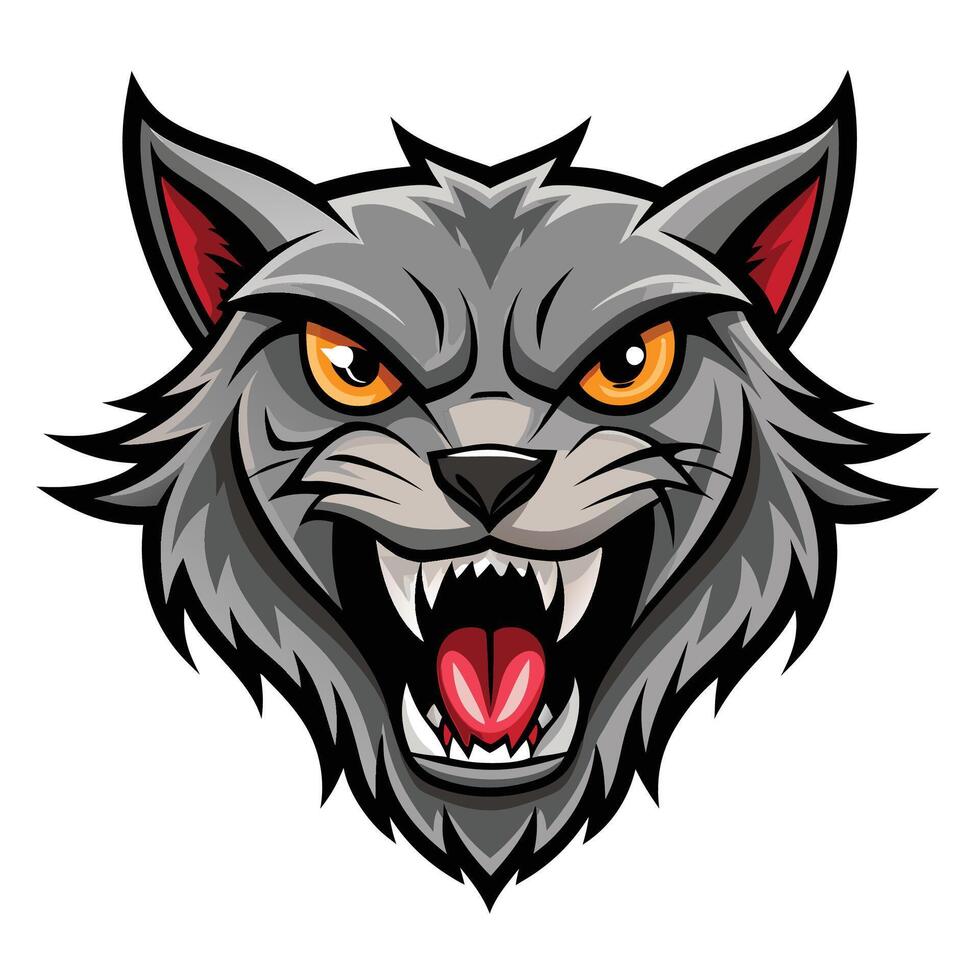 Aggressive gray wolf head mascot illustration with sharp teeth and orange eyes. vector