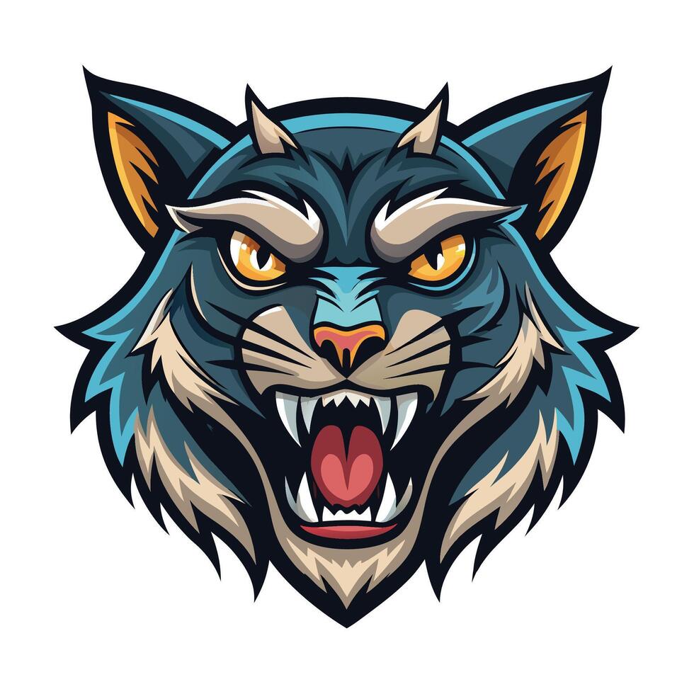 Aggressive blue cat head with horns, sharp teeth, and intense eyes. vector