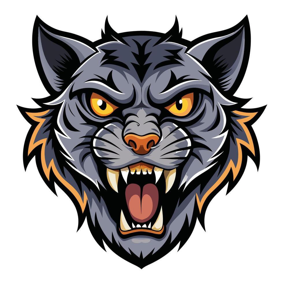 Aggressive gray wildcat head with orange accents, snarling, showing teeth. vector