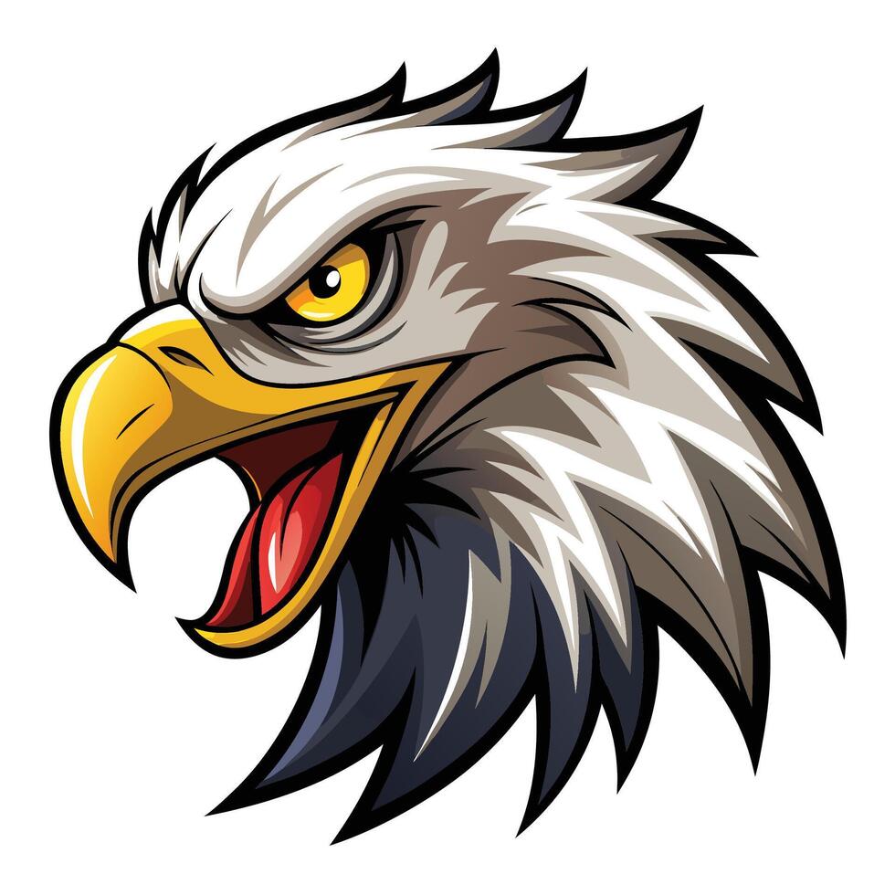 Aggressive eagle head illustration, sharp talons, fierce eyes, detailed feathers. vector