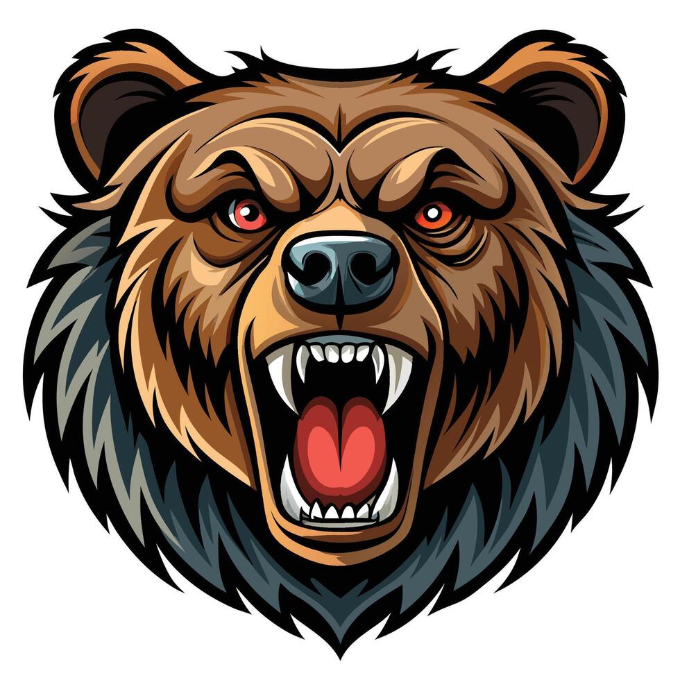 Aggressive brown bear head illustration with sharp teeth and intense eyes. vector