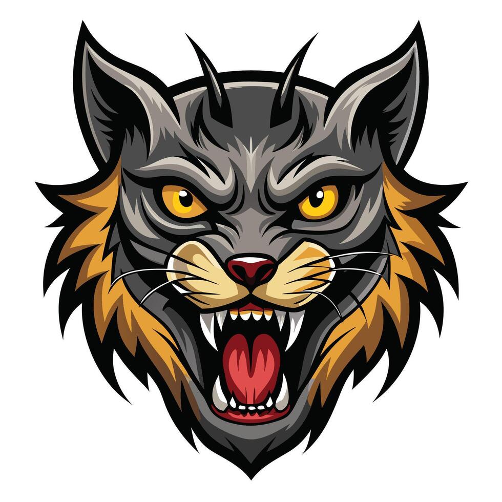 Aggressive gray cat head with orange fur and sharp teeth. vector