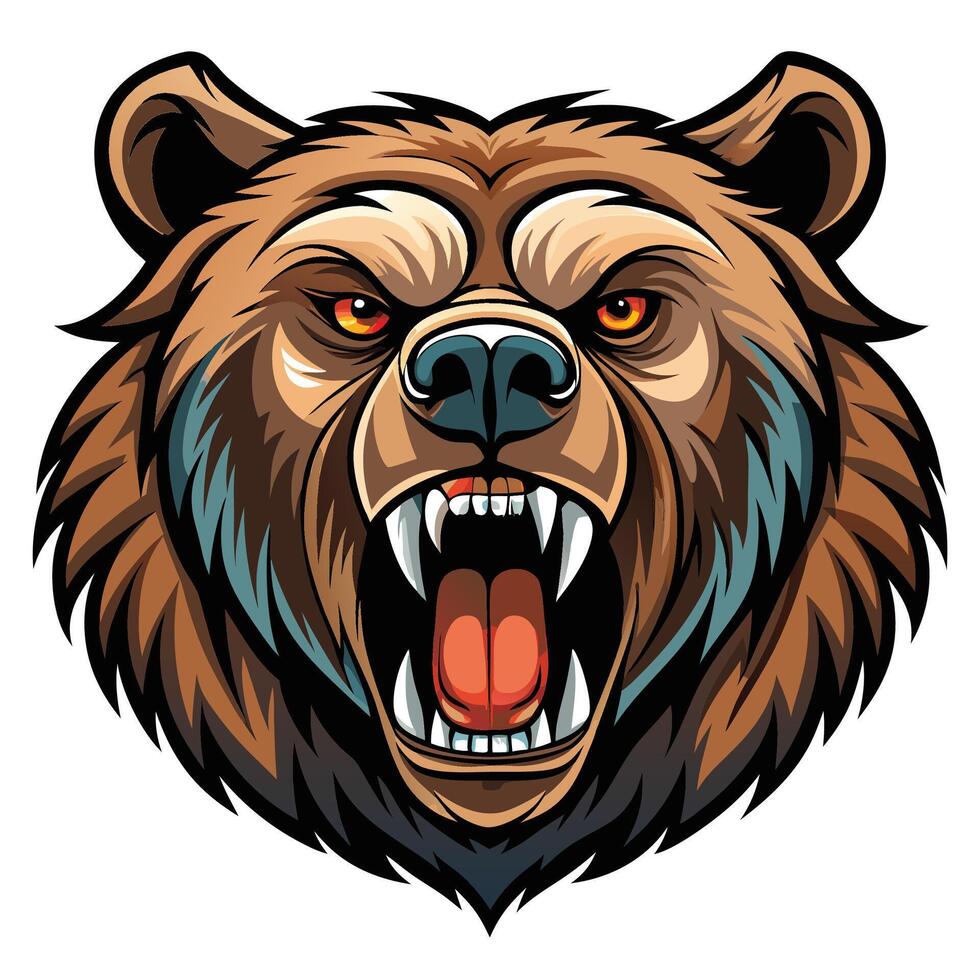 Angry bear head illustration, roaring grizzly with sharp teeth and intense eyes. vector