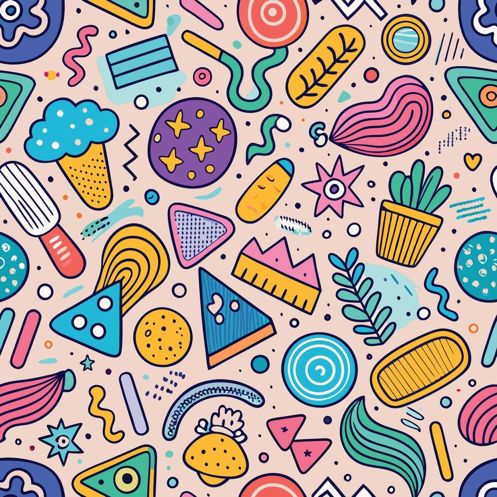 Abstract seamless pattern with colorful shapes, doodles, and geometric elements on a beige background. vector