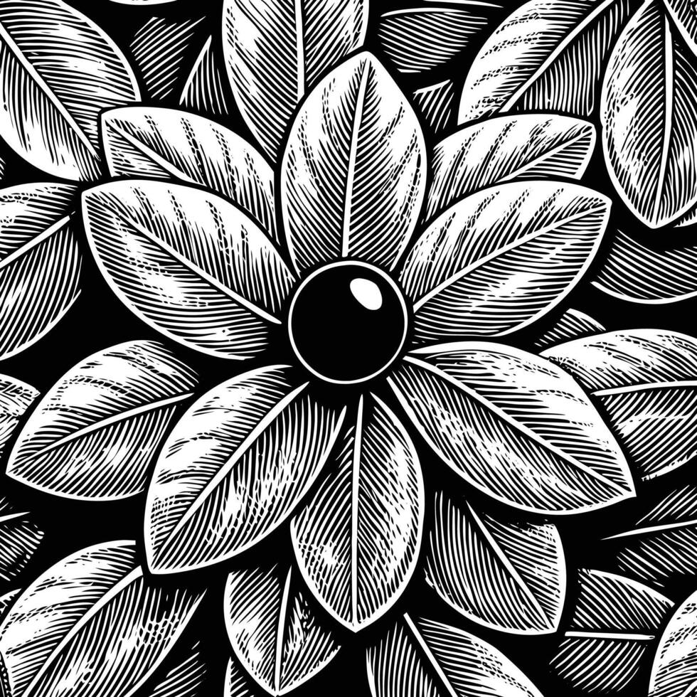 a black and white drawing of a flower with leaves vector