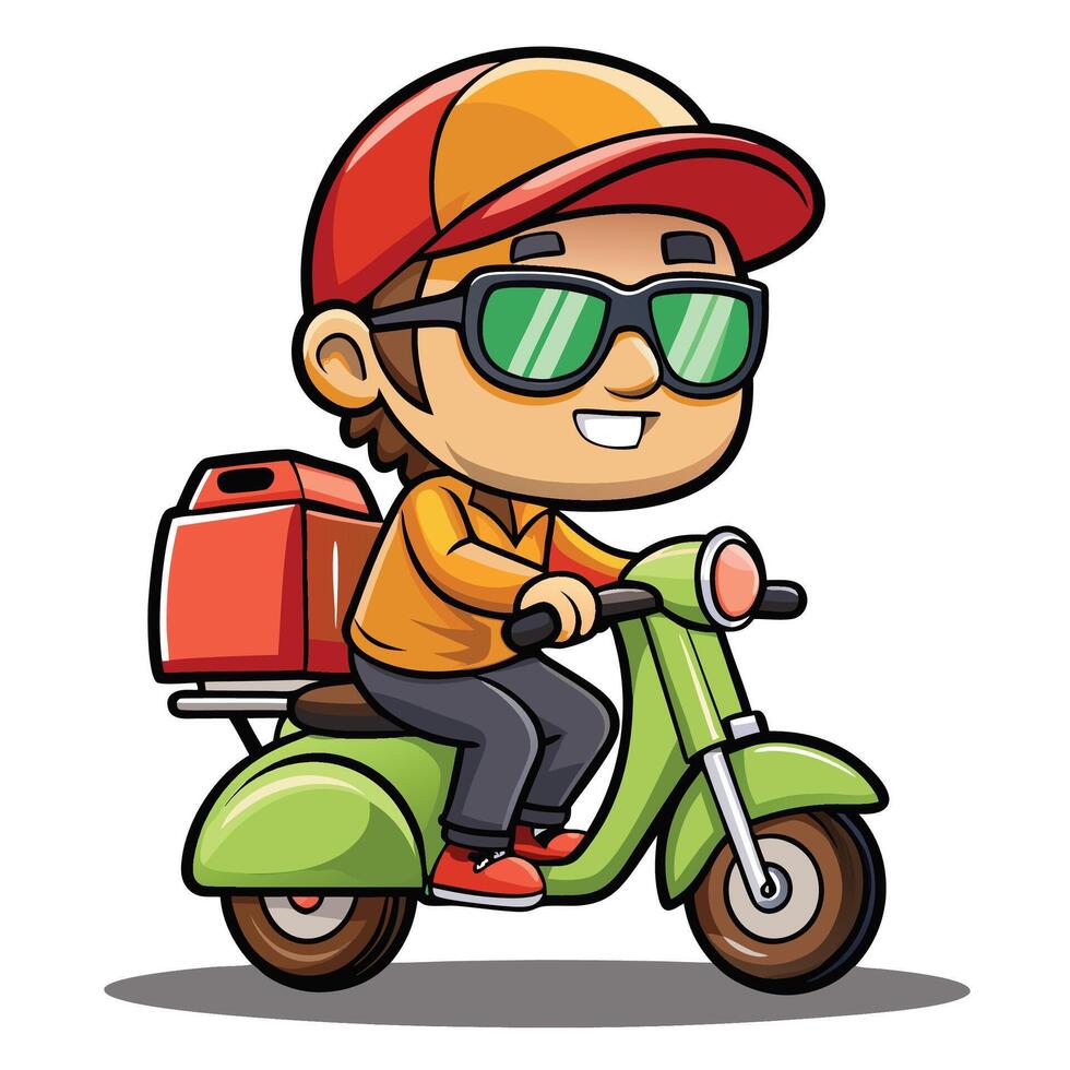 cartoon delivery boy riding scooter with a bag vector
