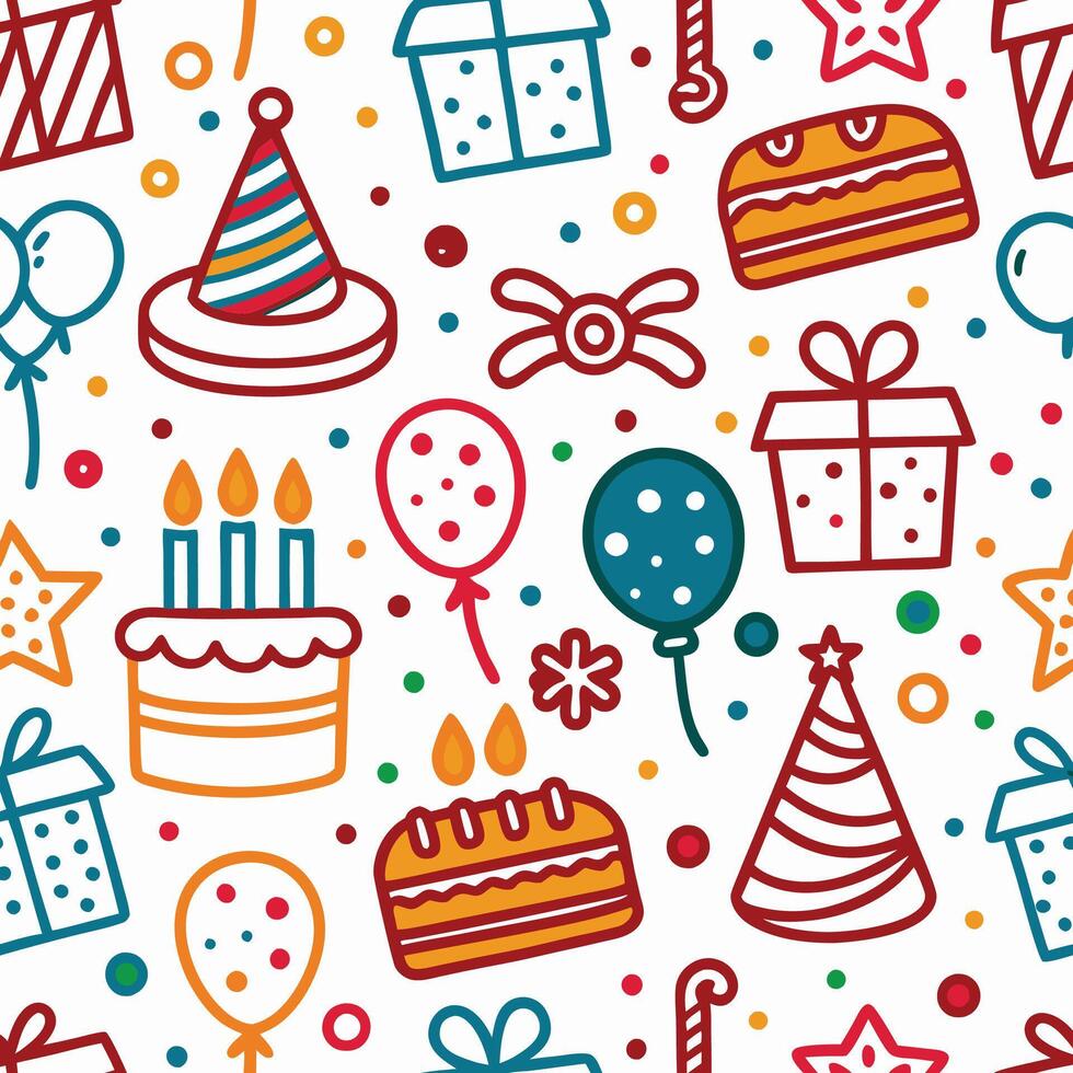 Festive birthday party seamless pattern with cake, presents, balloons, and confetti. vector
