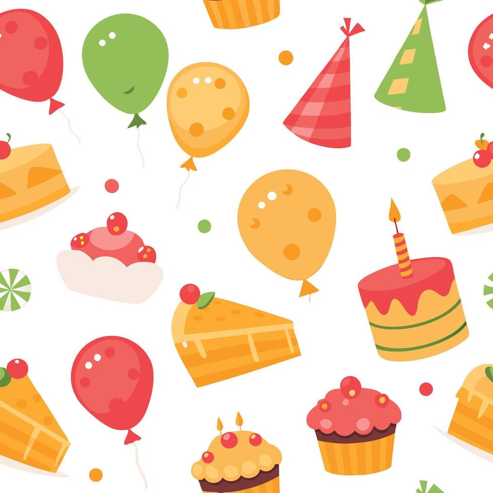 Festive birthday pattern with cakes, cupcakes, balloons, and party hats. vector