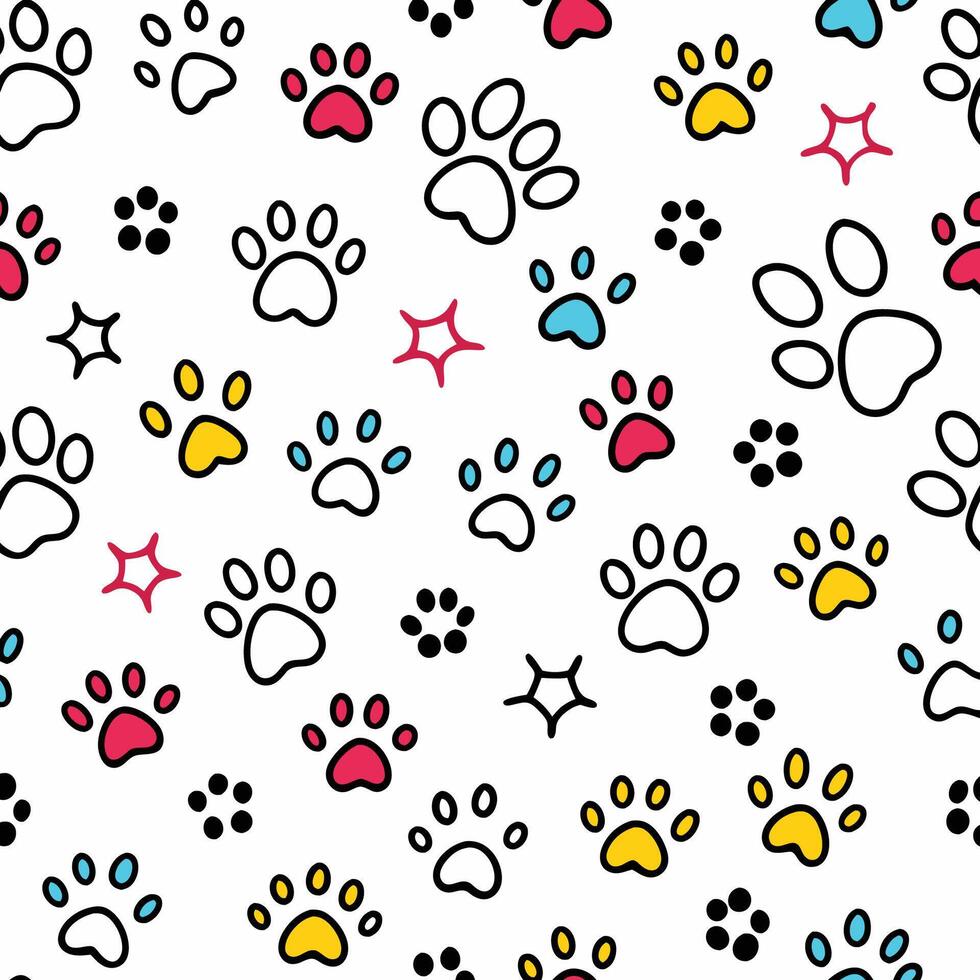 Colorful paw prints and stars seamless pattern. vector