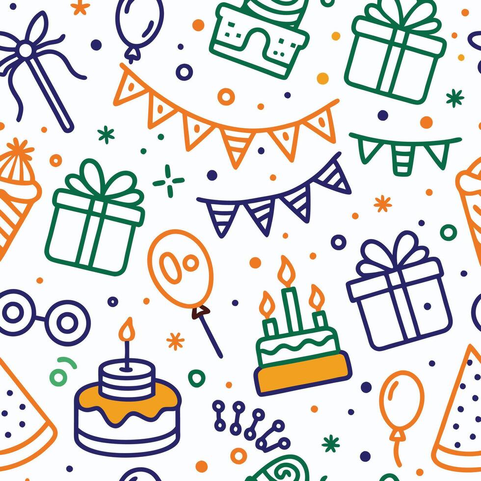 Festive birthday party seamless pattern with cakes, gifts, balloons, confetti, and party hats. vector