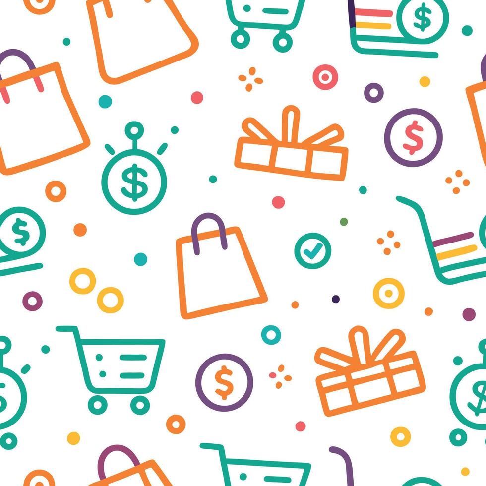 Colorful shopping pattern with bags, carts, gifts, and dollar signs. vector