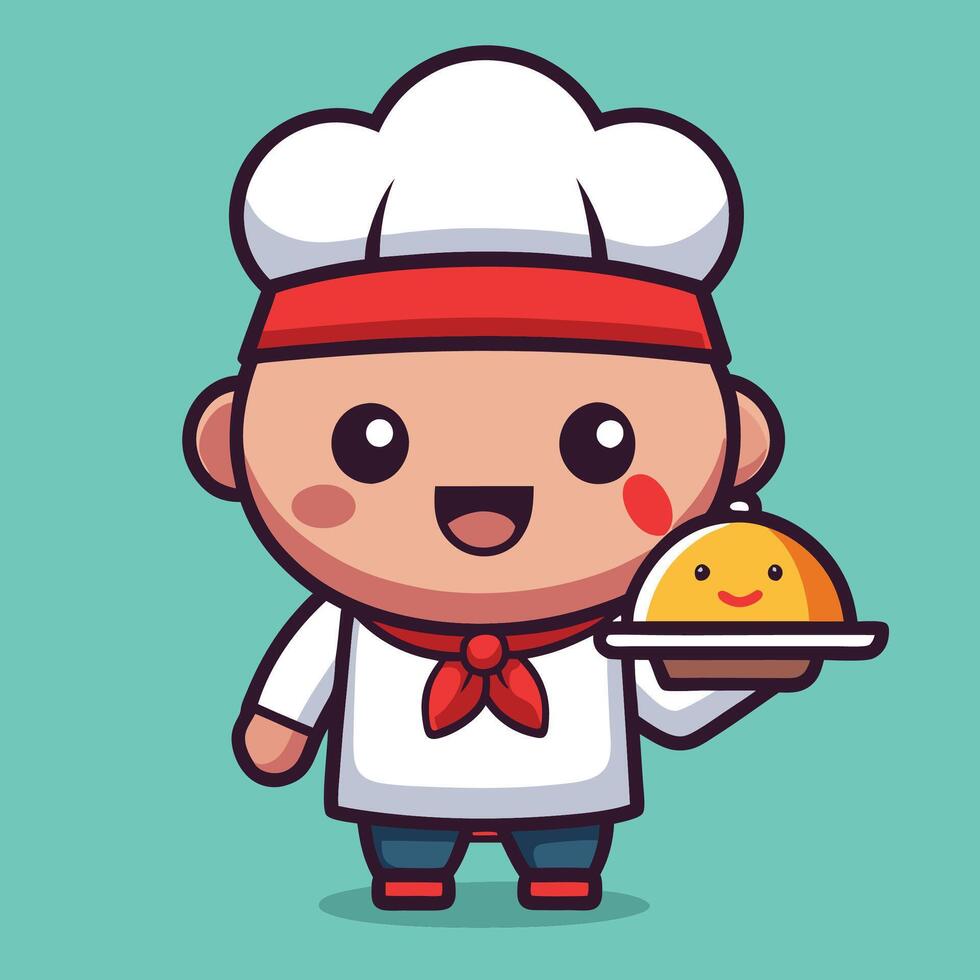 Cute cartoon chef character holding a food dome. vector