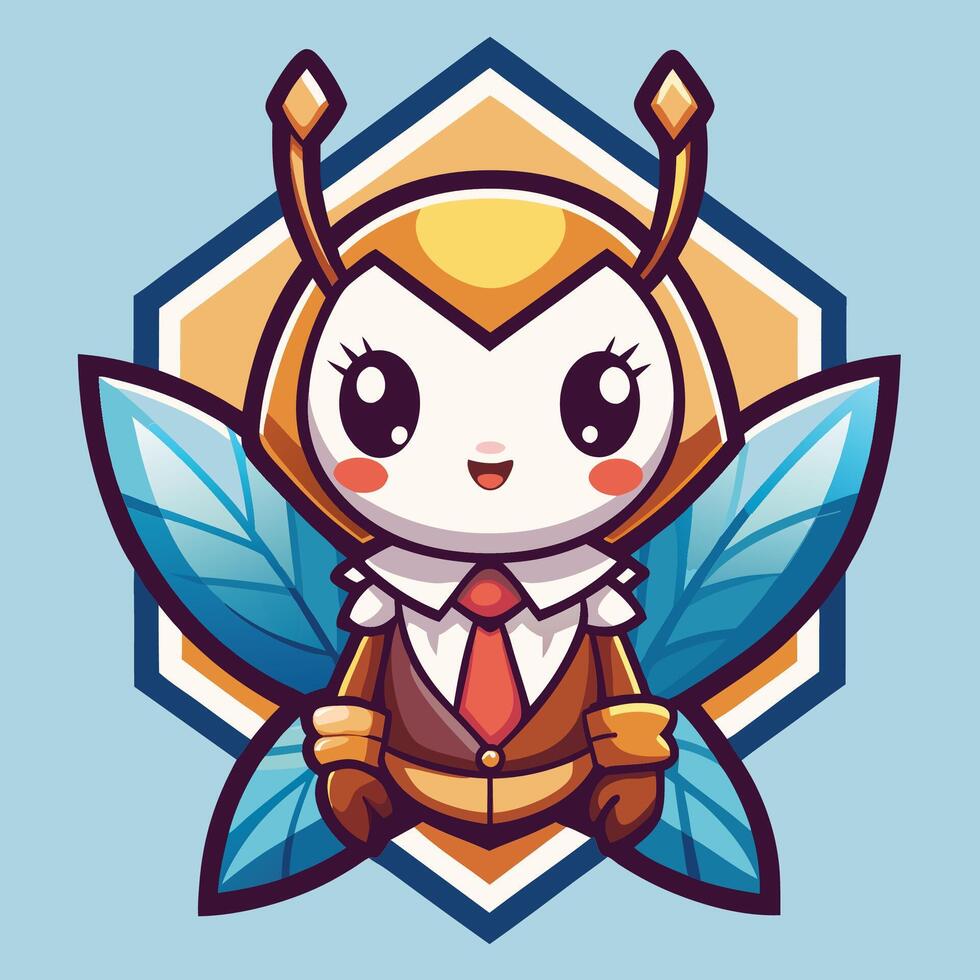 Cute cartoon bee in a suit and tie, inside a honeycomb. vector