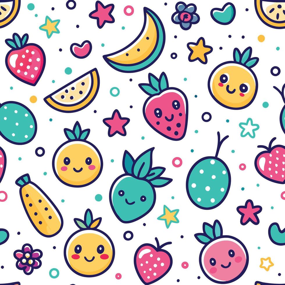 Cute fruit seamless pattern with kawaii faces, stars, and hearts on white background. vector