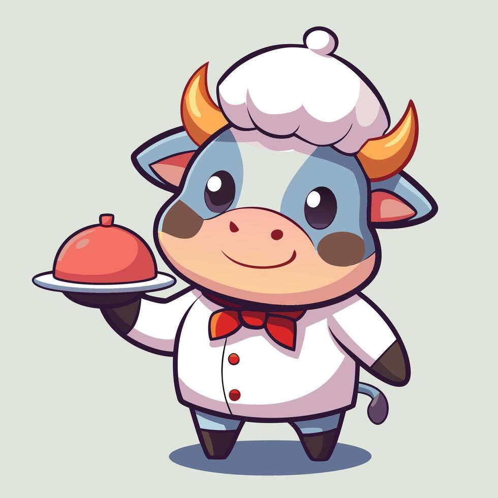 Cute cartoon bull chef in a toque, holding a serving tray with a dome. vector