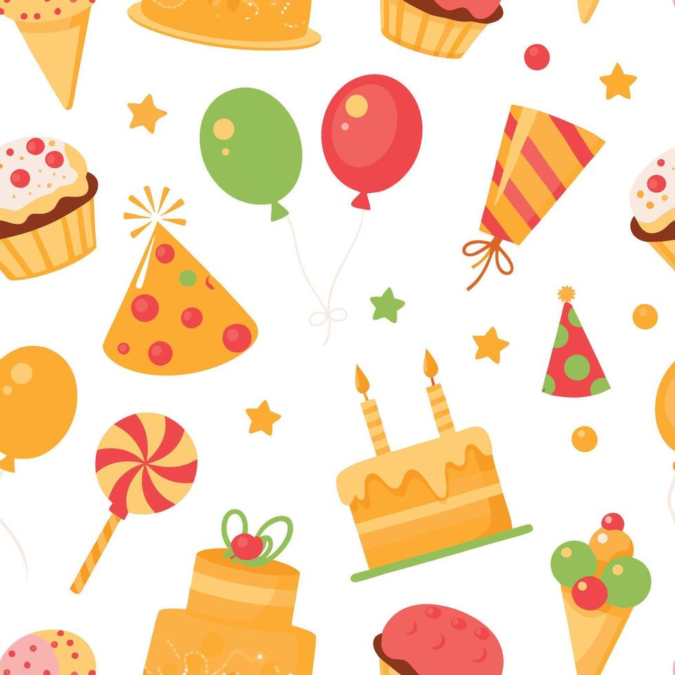 Festive birthday party seamless pattern with cake, balloons, ice cream, candy, and party hats. vector