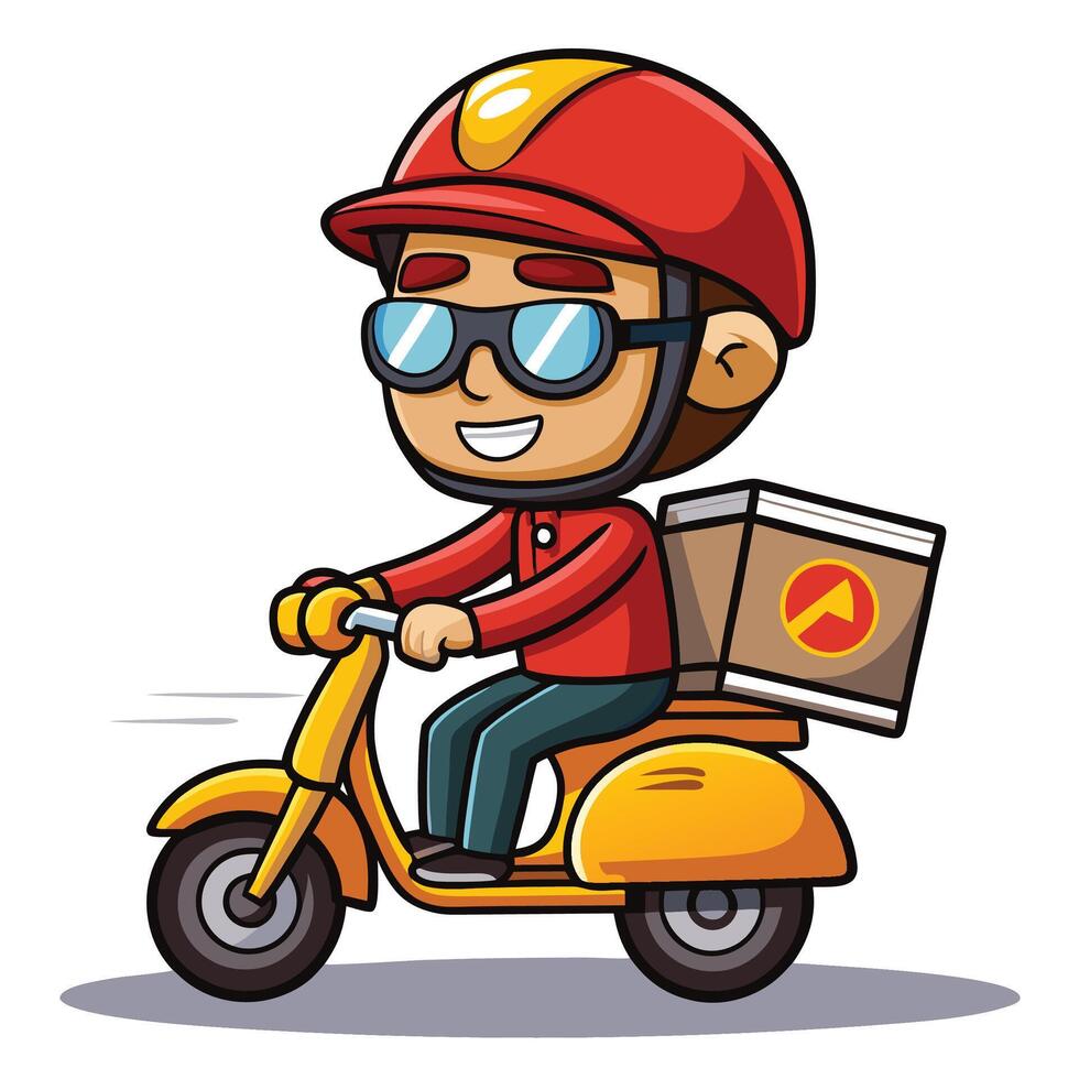 cartoon delivery man riding a scooter with a box on the back vector