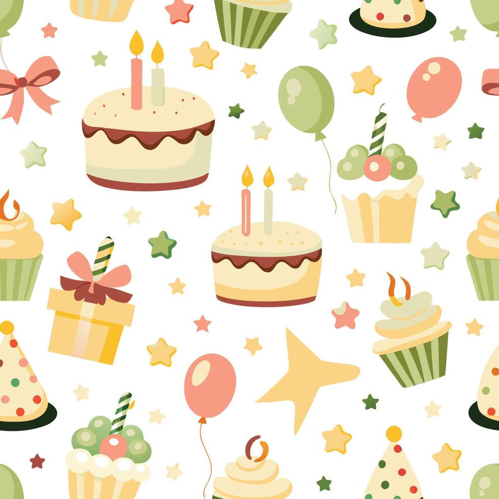seamless pattern with birthday cake, cupcakes and stars vector