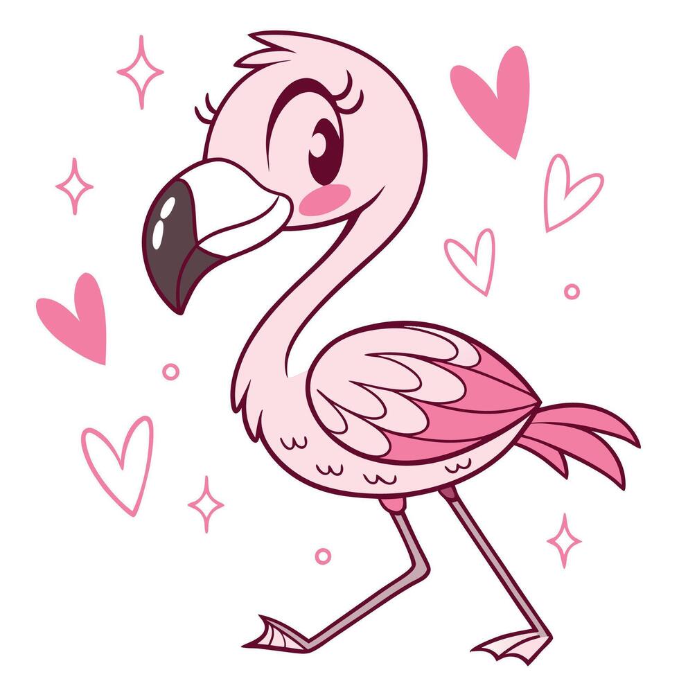 a cartoon flamingo with hearts around it vector