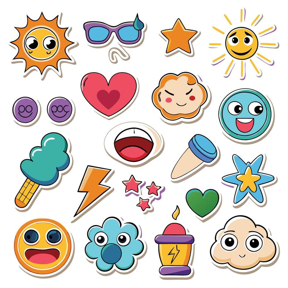 cartoon stickers of various emoticons and other items vector