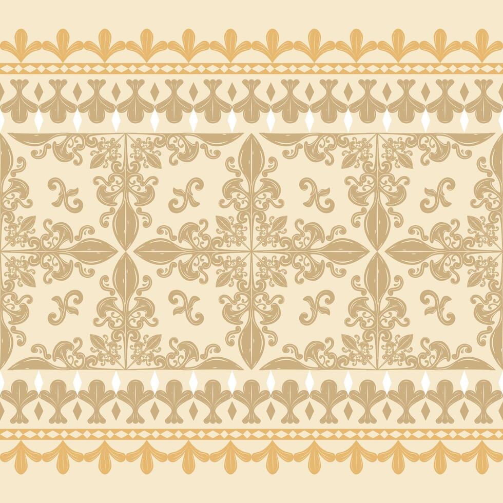 Luxury Rococo Ages Delicate Exquisitely Florals Pattern Scroll Ornament in Gold on Beige Background. Royal Silk Weaves Decoration Design Pattern with Neatly Embroidery Stripe. Delicate Damask Apparel. vector