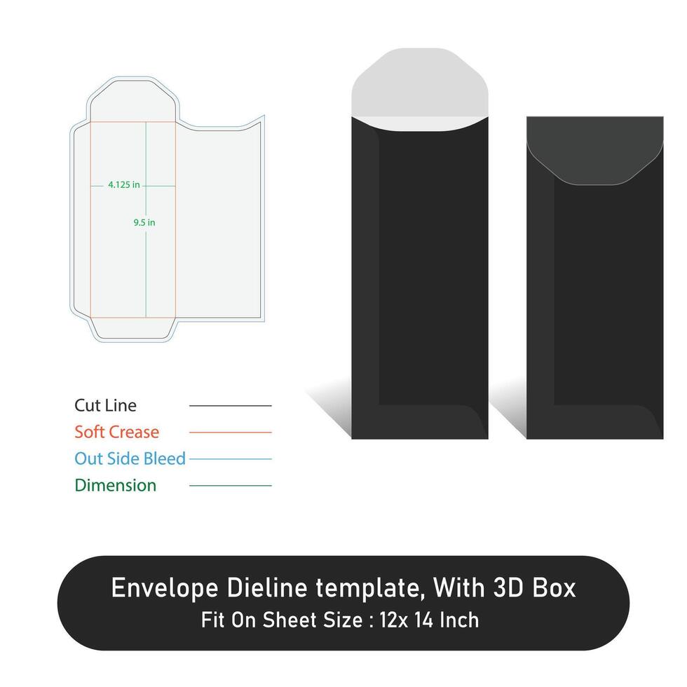 Envelope die line template, With 3D Box Size 4.125 x 9.5 in, File vector