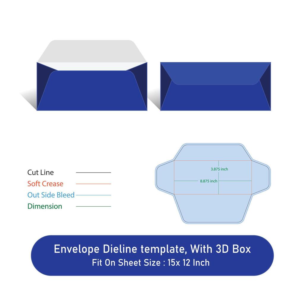 Envelope Dieline template, And 3D Box, Size 8.875 x 8.875, File vector