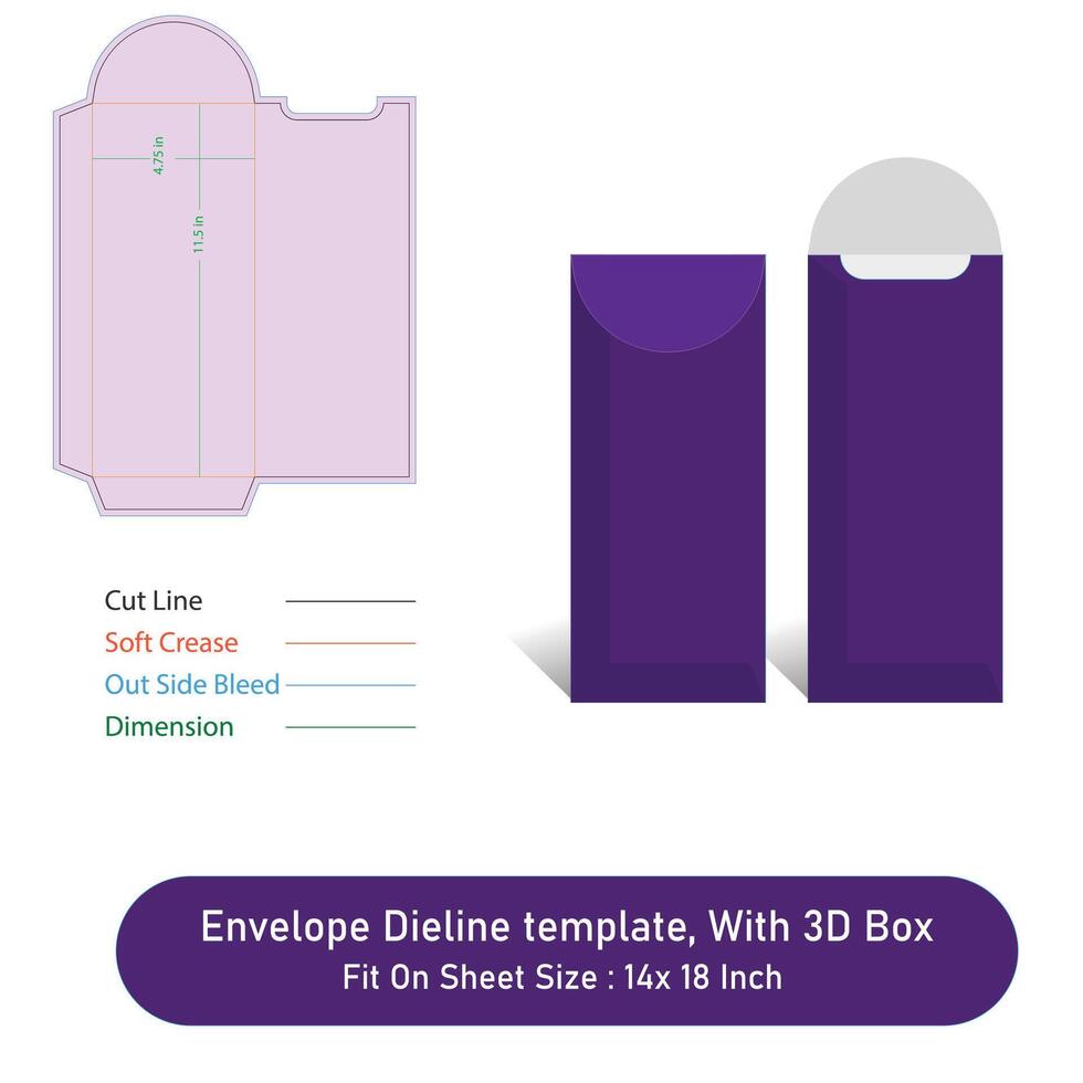 Envelope Size 11.5 x 4.75, Dieline template, With 3D Box, File vector