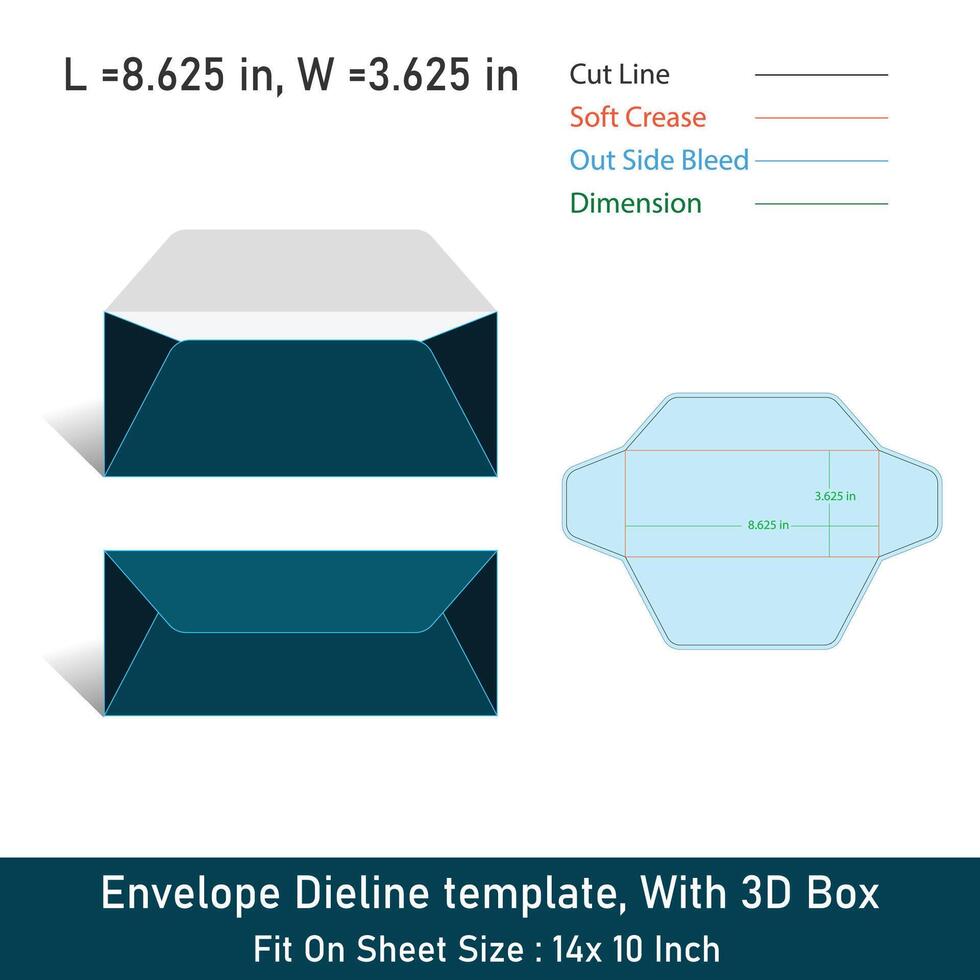 Envelope Dieline template, With 3D Box, Size 8.625 x 3.625, File vector