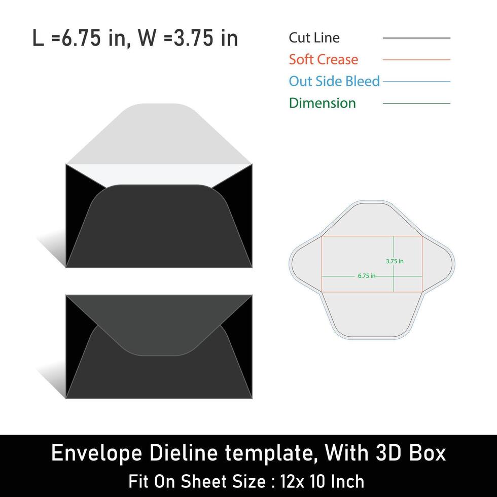 Envelope Dieline template, With 3D Box, Size 6.75 x 3.75, File vector