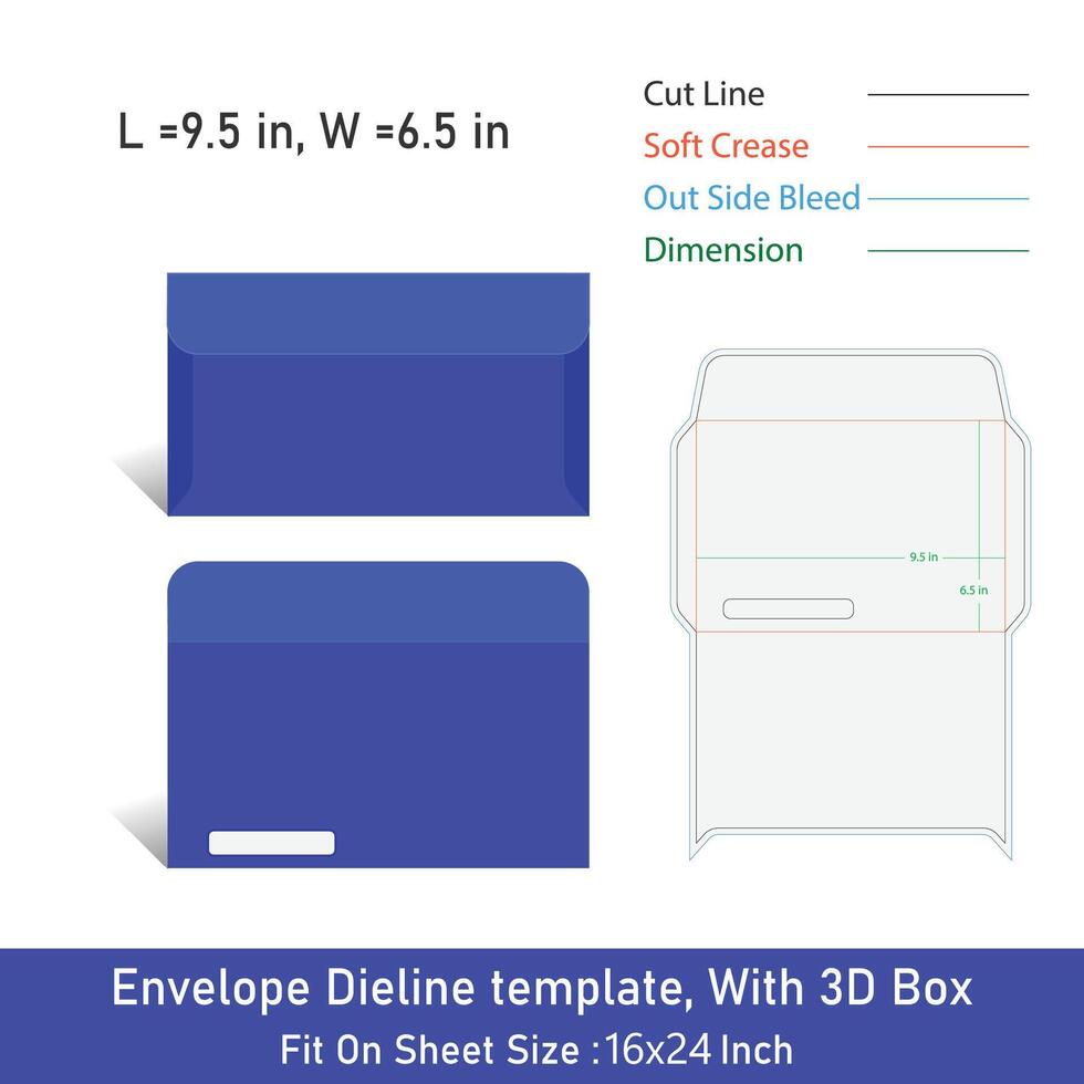 Envelope die line template, with 3D dox, size 9.5 x 6.5 in, File vector