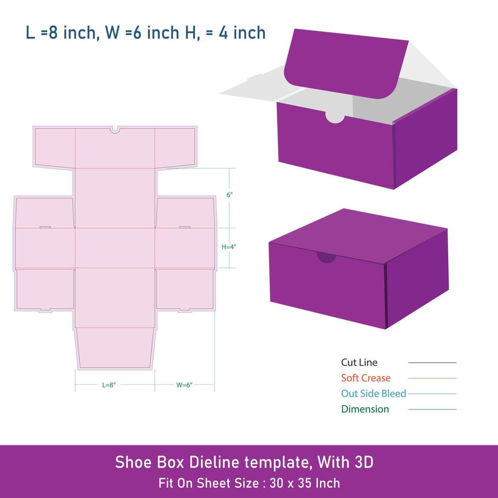 Shoe Box Die line template, With 3D 8x6x4 inch, File vector