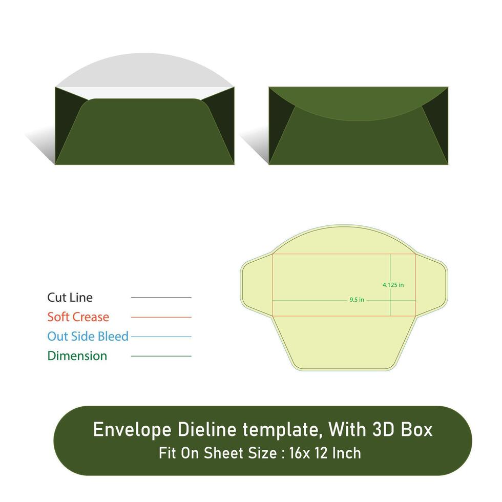Envelope Dieline template, And 3D Box, Size 9.5 x 4.125, File vector