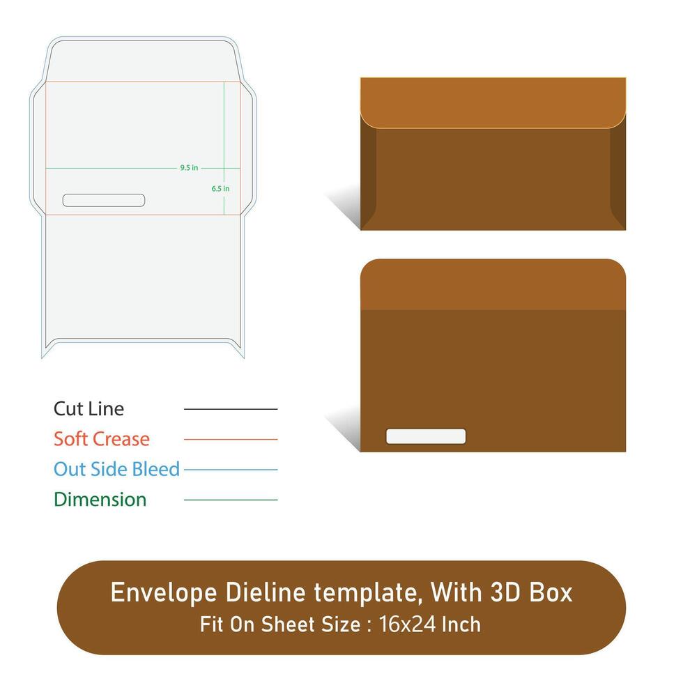 Envelope Die line template design, With 3D Box, Size 9.5 x 6.5 in, file vector
