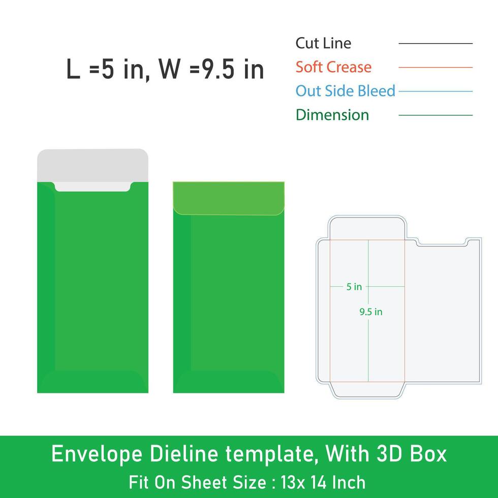 Envelope Die line template design, With 3D Box, Size 5 x 9.5 in, File vector